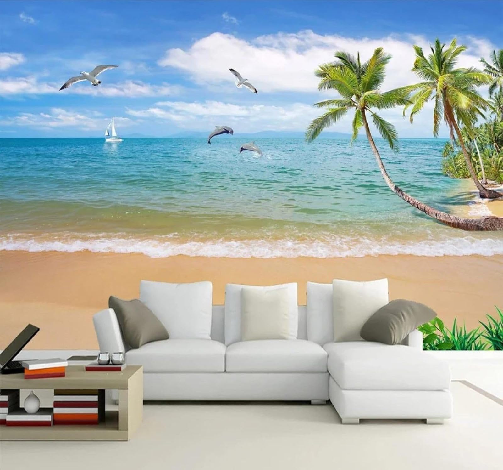 XLMING Fresh Summer Seascape Beach Poster 3D Wallpaper Silky Texture Home Study Office Grey Dining Room Sofa Bedroom Living Room TV Backdrop-400cm×280cm