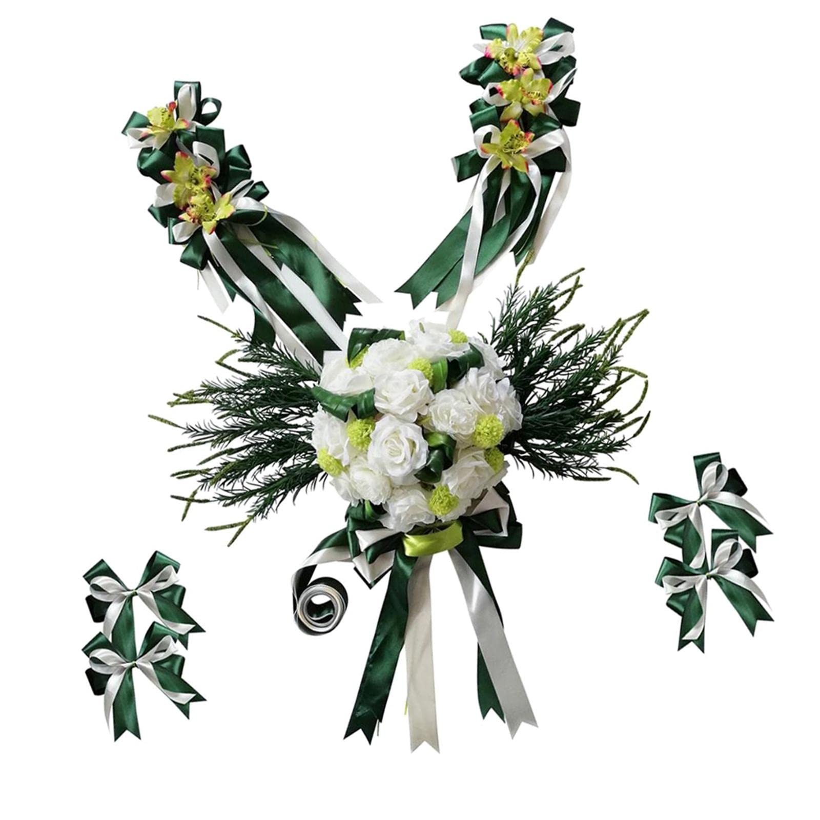 Feiern Sie Ihren besonderen Tag mit Hochzeits-Autodekorationsset – Traumhafte Seidenblumen, Schleifen und Bänder für Hochzeitlimousine, Foto-Requisite – Erstellen – Grün, wie beschrieben