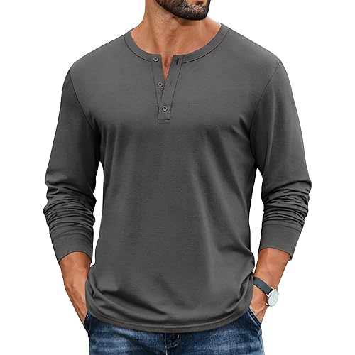 COOFANDY Mens Henley Shirts Cotton Long Sleeve V Neck Button Basic Tees Plain Casual Pullover
