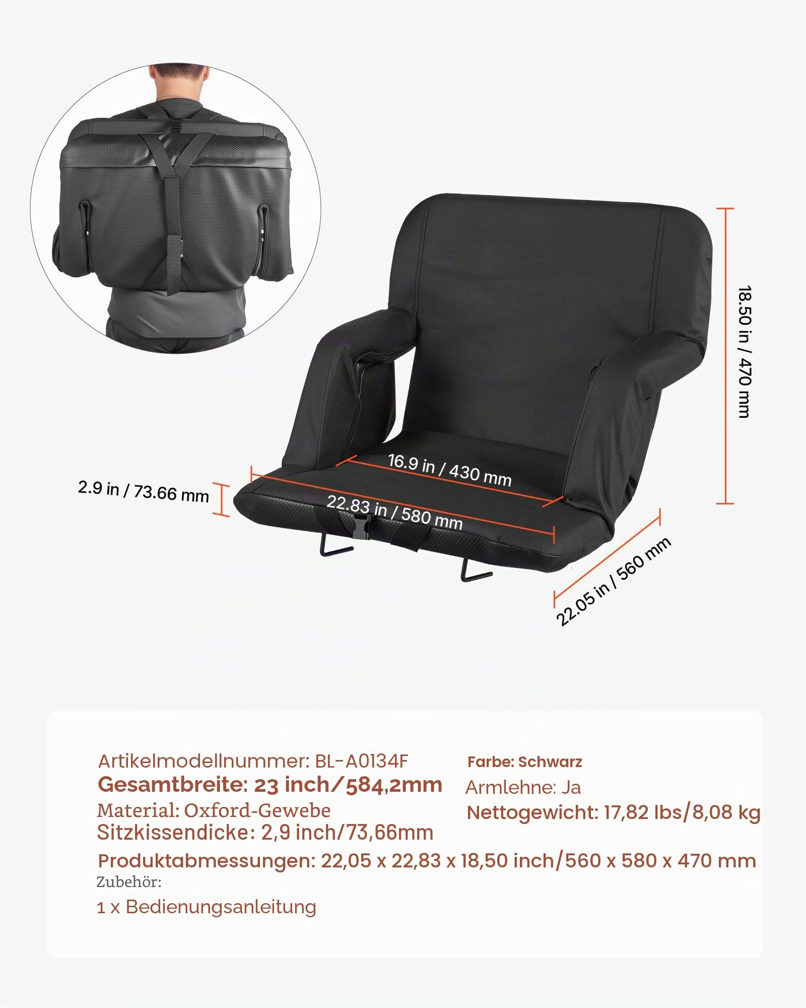 VEVOR Stadionsitz, 6 verstellbare Winkel, breiter Bleicherstuhl, 7,4 cm, gepolstert, Stadionsitz mit Armlehne und Rückenstütze, Stadionstuhl mit Haken, Getränkehalter für Picknicks, Strandsport und