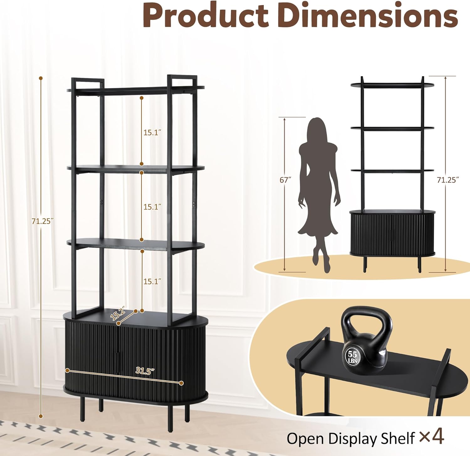 MAGIC UNION Bookshelf, 71" Tall Bookcase w/Storage Cabinet, Book Shelves Stand w/Fluted Sliding Doors, 4-Tier Open Display Shelf Organizer for Bedroom Living Room Home Office Bathroom (Black)