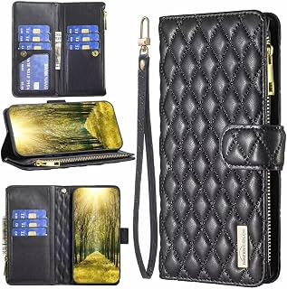 Miagon - Funda con cremallera para Xiaomi Redmi Note 13 Pro Plus 5G, cartera con rombos y 9 ranuras para tarjetas, bolsillo de piel sintética, cierre magnético, color negro