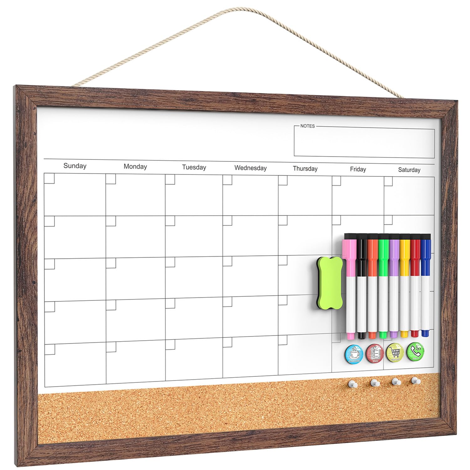 Calendar Whiteboard for Wall, 18x24 Inches White Board Calendar Dry Erase, Magnetic White Board with Wood Frame, Hanging Dry Erase Board for Kitchen