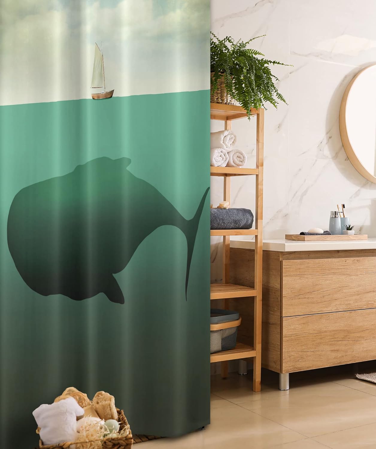 Ambesonne Fantasy Stall Shower Curtain, Surreal Giant Whale in The Middle of Sea and Little Sailboat on The Surface Print, Fabric Bathroom Decor Set with Hooks, 36" W x 72" L, Green Beige