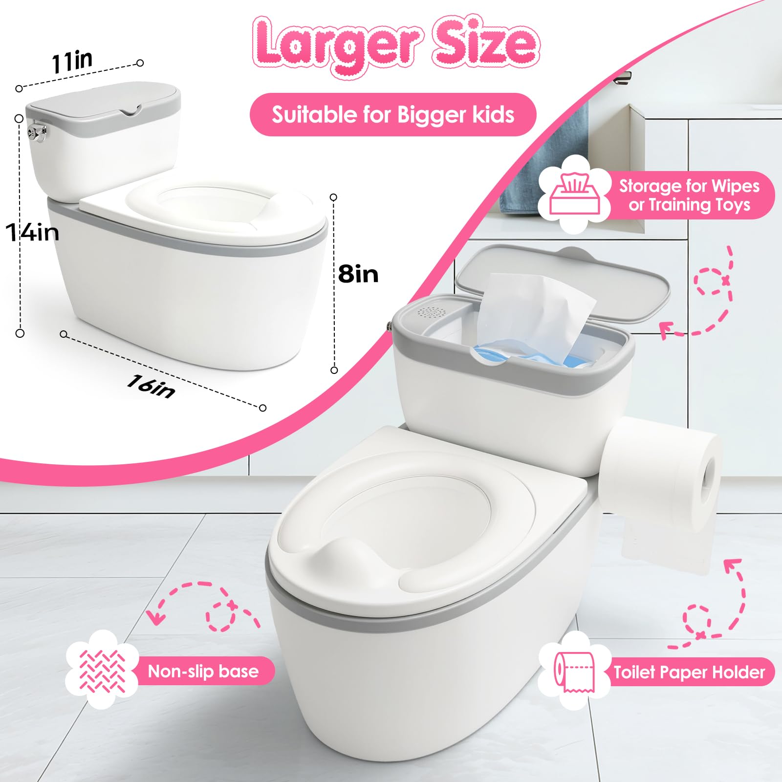 TOSGN 3-in-1 Kleinkind Töpfchentraining Toilette, ab 6 Monaten, realistischer Töpfchentrainingssitz mit Spülgeräusch, Tücheraufbewahrung, Toilettenpapierhalter