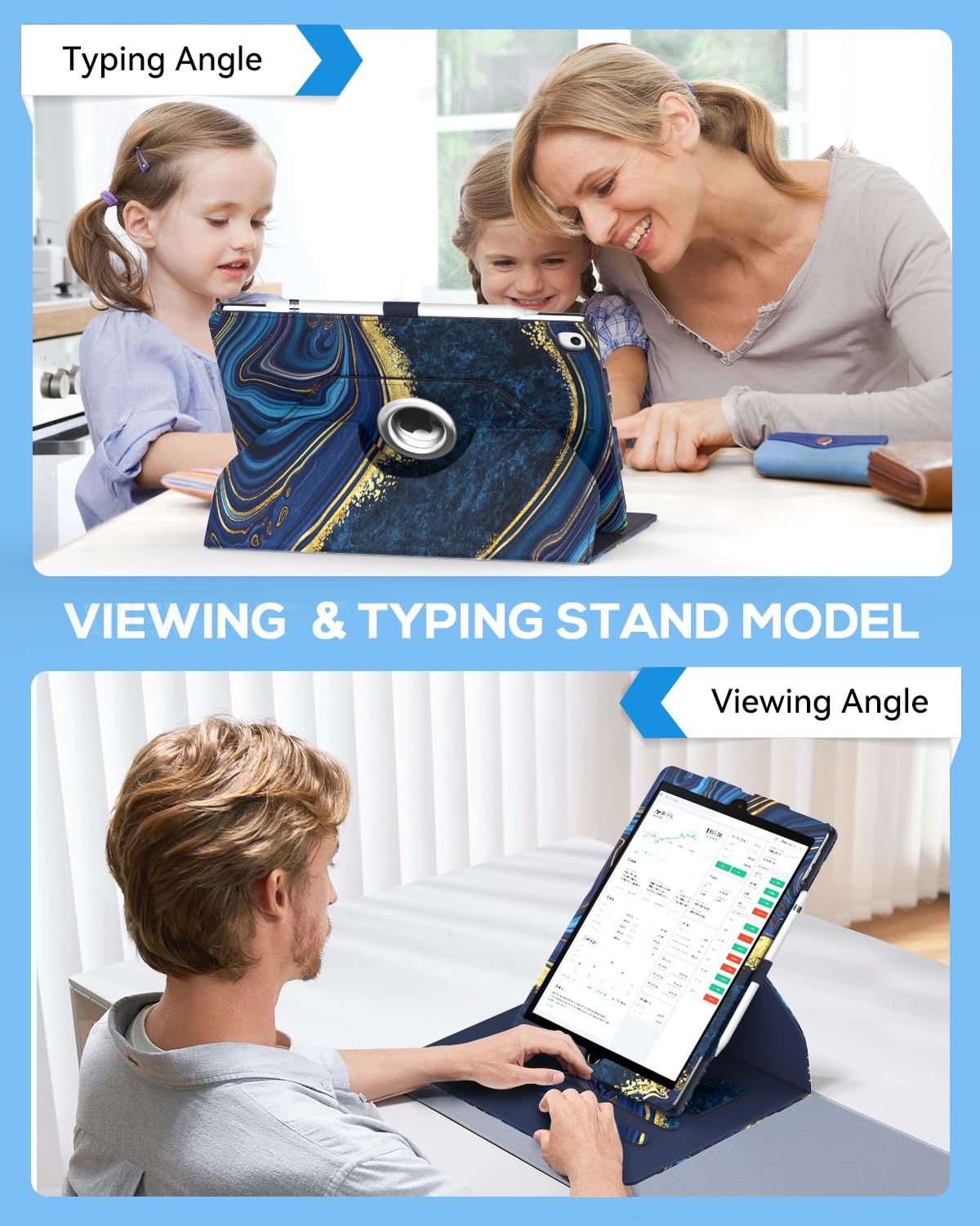 IPad 9./8./7. Gen Hülle Mit 360° Ständer – Leder-Optik, Stifthalter, Kartentasche, Marmor Blau