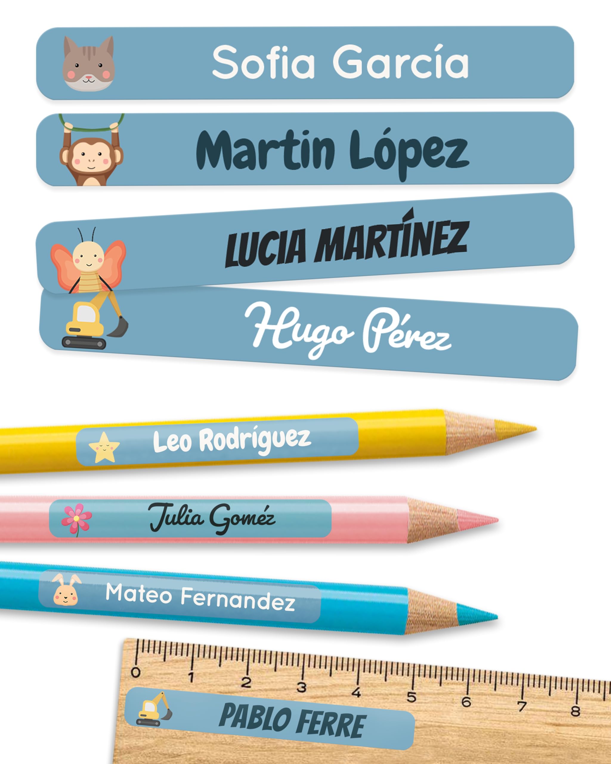 melu kids® Etiquetas adhesivas personalizadas objetos para colegio y guardería (75 uds.) - etiquetas personalizadas libros, etiquetas nombre material escolar - resistentes al lavavajillas - Azul