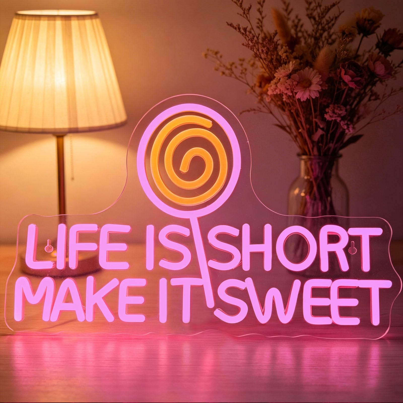 LIFE IS SHORT MAKE IT SWEET Neon Art Sign LED Light Halloween Themed LED Neon Lights Dimmable USB Powered Light Up Signs for Candy Shop Milk Tea Shop Wedding (D 16.5 in × W 10.2 in)