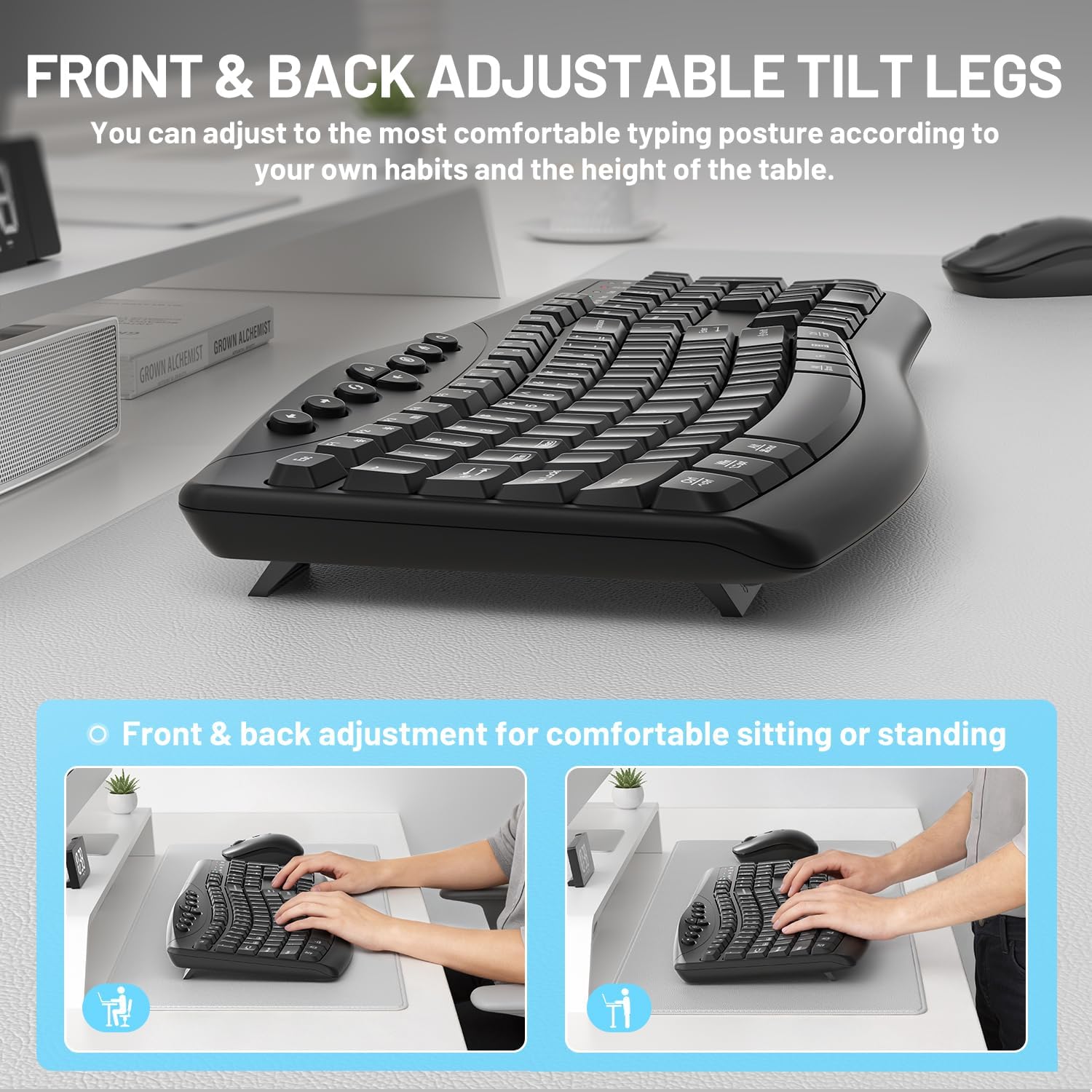 Wireless Keyboard and Mouse Combo, 2.4G Full Size Silent Ergonomic Curved Keyboard for Natural typing and 3-Level DPI Adjustable Quiet Mouse for Windows,Mac OS Desktop/Laptop/PC/Office and Home(Black)