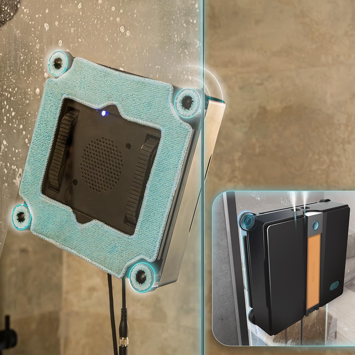 Cecotec Robot Lave-vitres avec App et Télécommande Conga Windroid W50 Double Spray. Pulvérise, Nettoie et Sèche, 6300Pa, Design Carré, 4 Serpillières et 4 Sprays, 5 Modes, Double Système de Sécurité