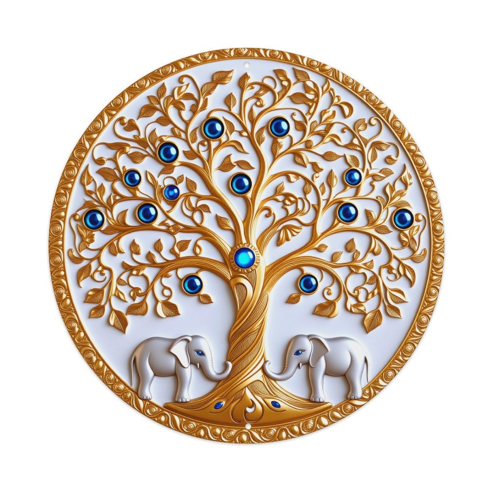 Golden Tree With Elephants And Blue Gems Round Tin Sign Vintage Metal Poster, Home Bar Garage Man Cave Cafe Indoor & Outdoor Wall Decoration 8x8Inches