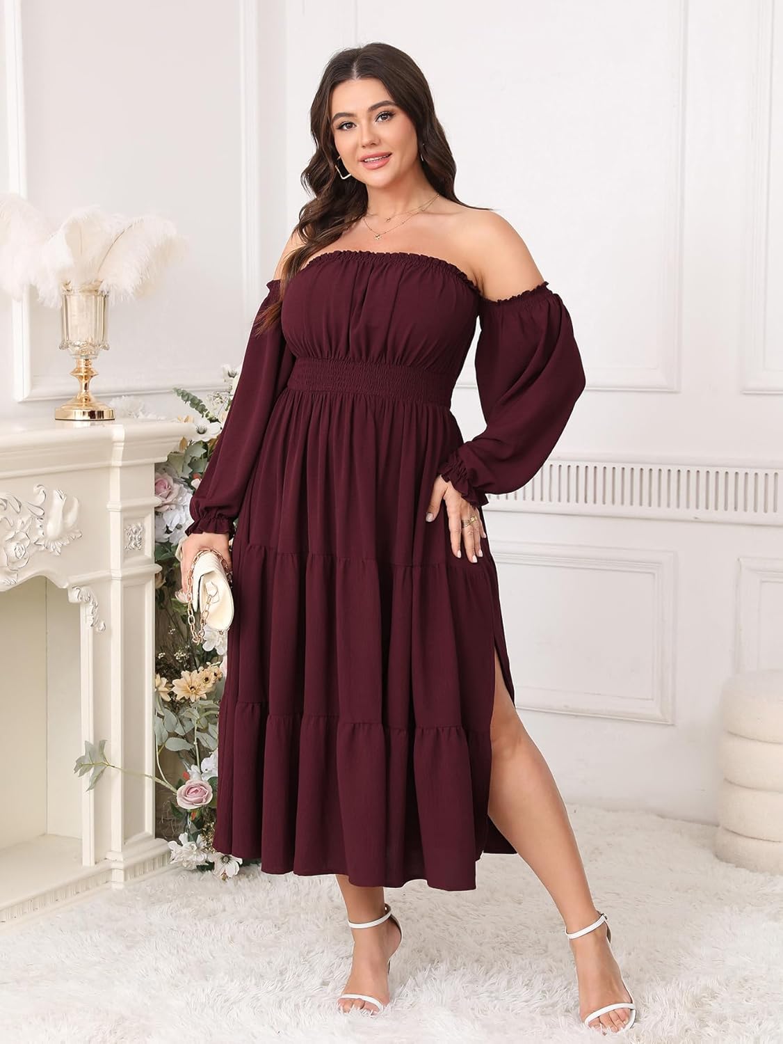 Plus Size Wedding Guest Dress Off The Shoulder Long Sleeve Smocked Slit Cocktail Party Maxi Dress for Curvy Women - Image 4