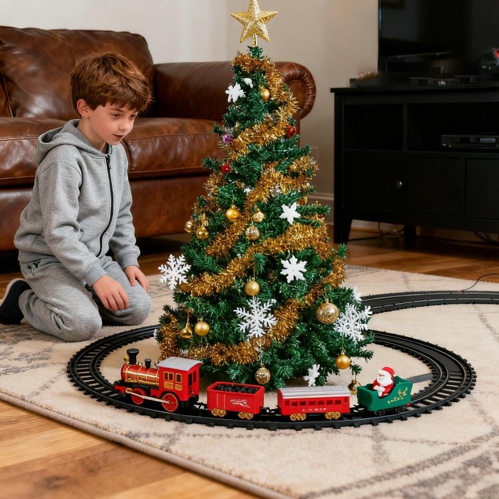 Christmas Train Set Around The Tree, Hanging Christmas Train Set with Light Spray Music, Lighted Trains Sets Around Under The Xmas Tree Home Festive Decoration, Gifts for Kids, (Trees Not Included)