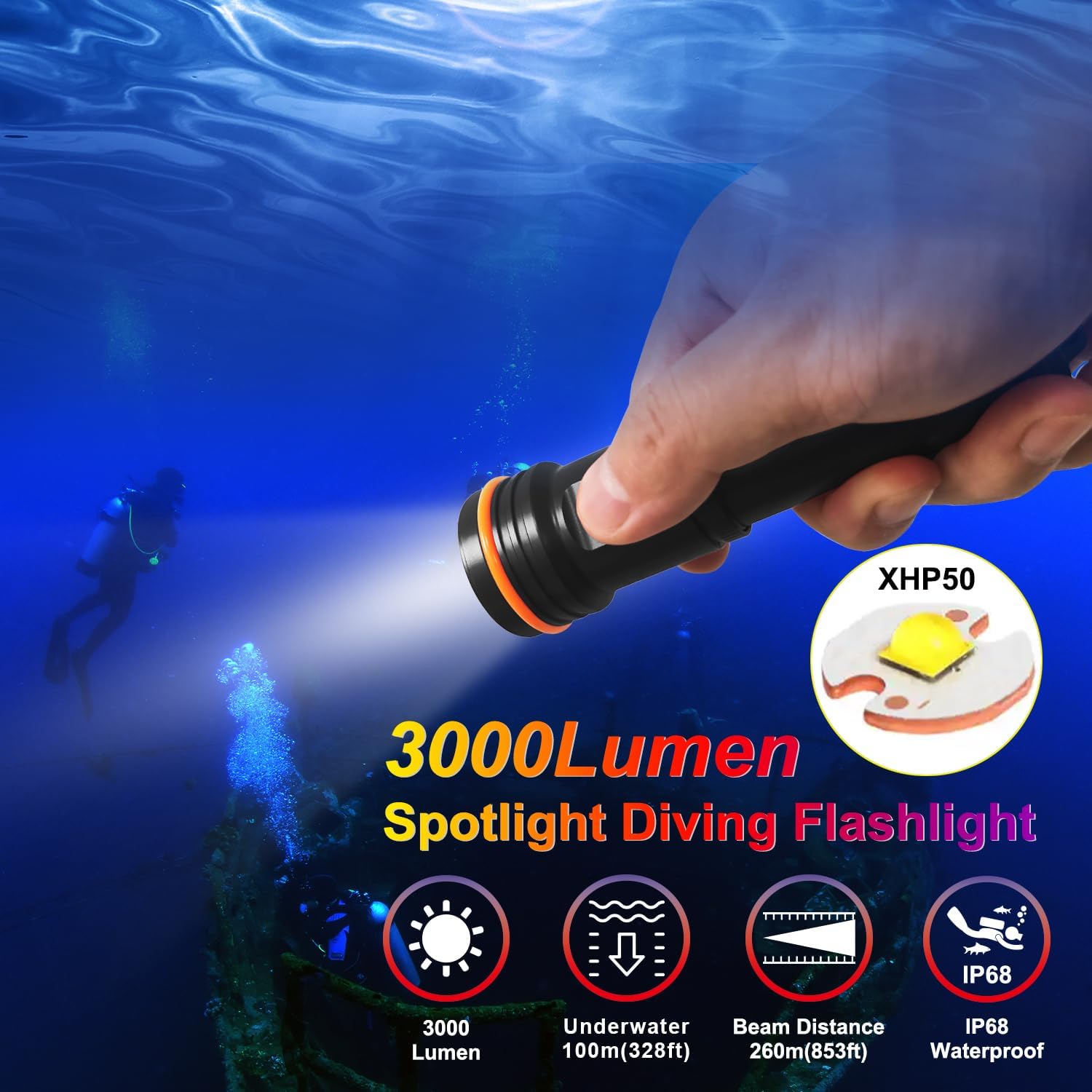 Professional Diving Flashlight Rechargeable, 2000 Lumens LED Underwater Dive Light, IP68 Waterproof 100M, Up to 3500 lumens in Turbo Mode, Black (Battery NOT Included)