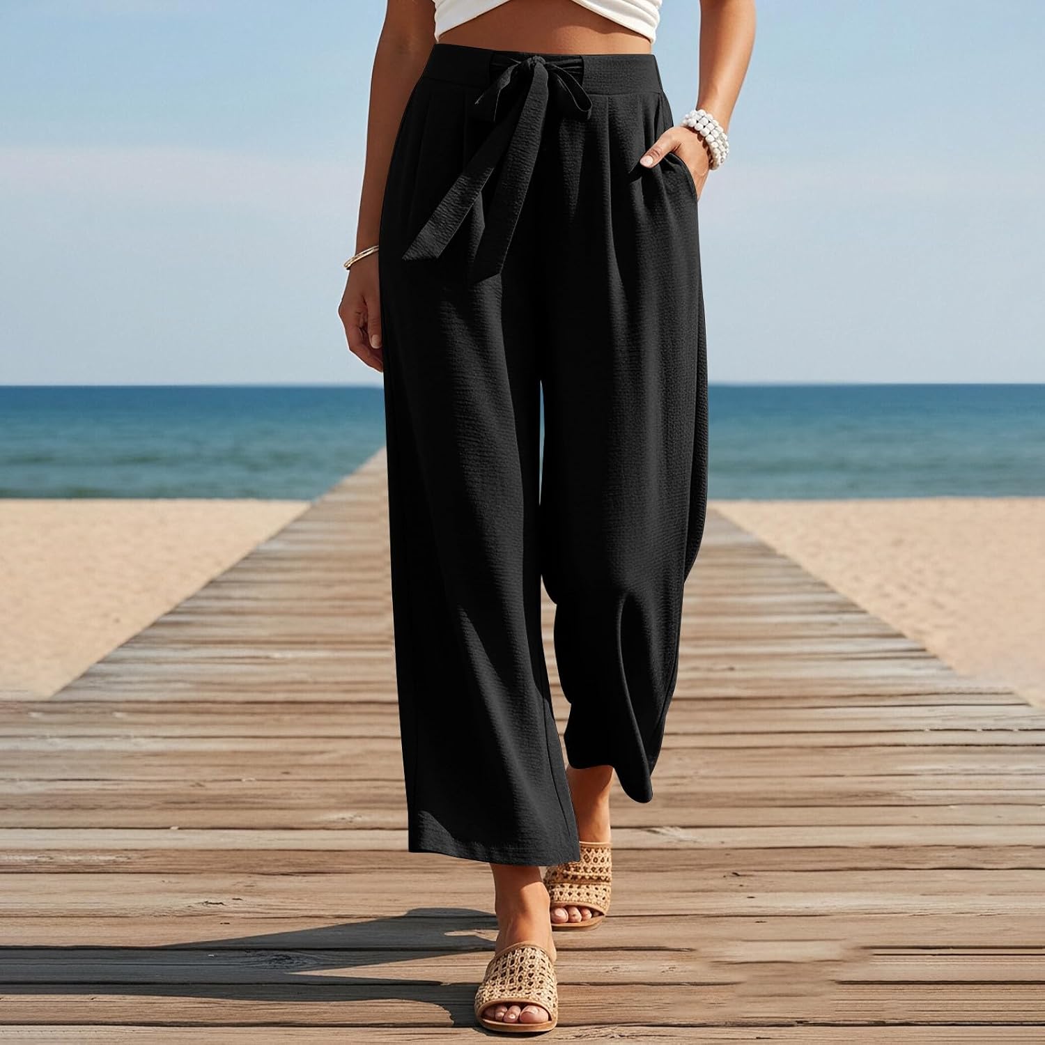 Women's Capri Pants Wide Leg Drawstring Elastic Waist Casual Cropped Pants Summer Beach Vacation Clothes Outfits