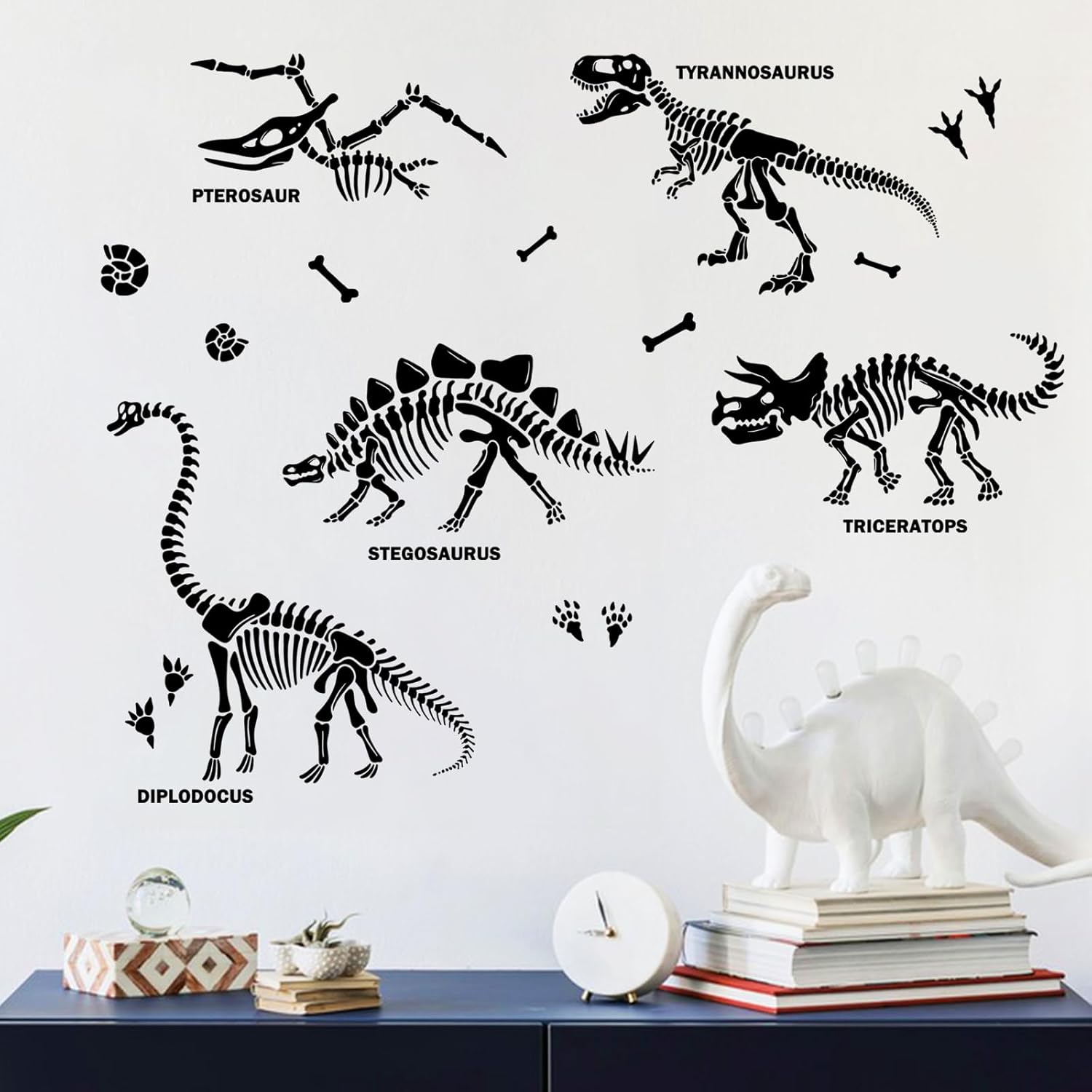 Yovkky Black Dinosaur Fossil Wall Decals Stickers, Dino Pterosaur Stegosaurus Diplodocus Home Boys Bedroom Decor, Triceratops Tyrannosaurus Living Room Office Kitchen Decorations Art