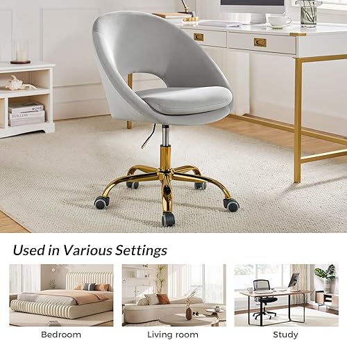 Miniatura 7 de TINA'S HOME Silla de oficina moderna de terciopelo con giro ajustable, cómoda silla de escritorio tapizada con respaldo abierto, pequeña y bonita