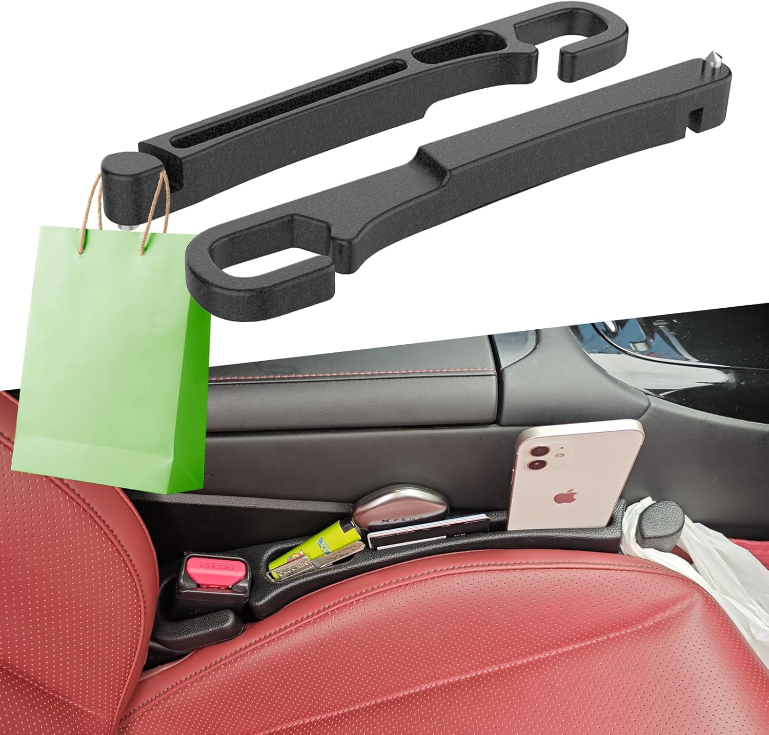 Universal Car Seat Gap Filler with Organizer Hook & Emergency Glass Breaker Prevent Small Items & Tools from Falling Ultimate Seat Side Gap Stopper for All Vehicles, Trucks & SUVs