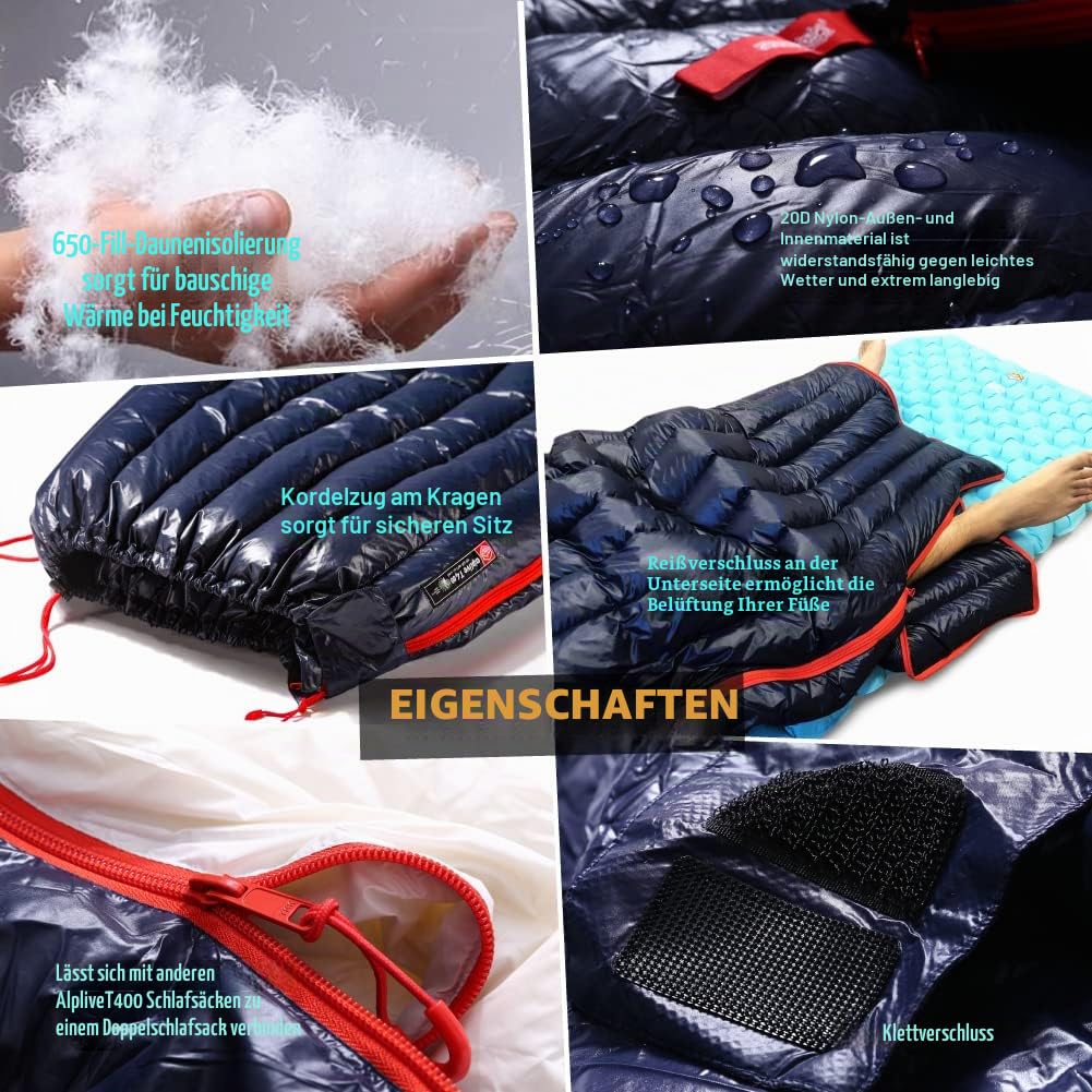 ZOOOBELIVES Alplive T400 Ultraleichter Daunenschlafsack für Rucksackreisen, 800 ml, ultrakompakt, 650 Füllkraft, Umschlagschlafsack für Wandern, Camping und Hinterland, leicht und komprimierbar
