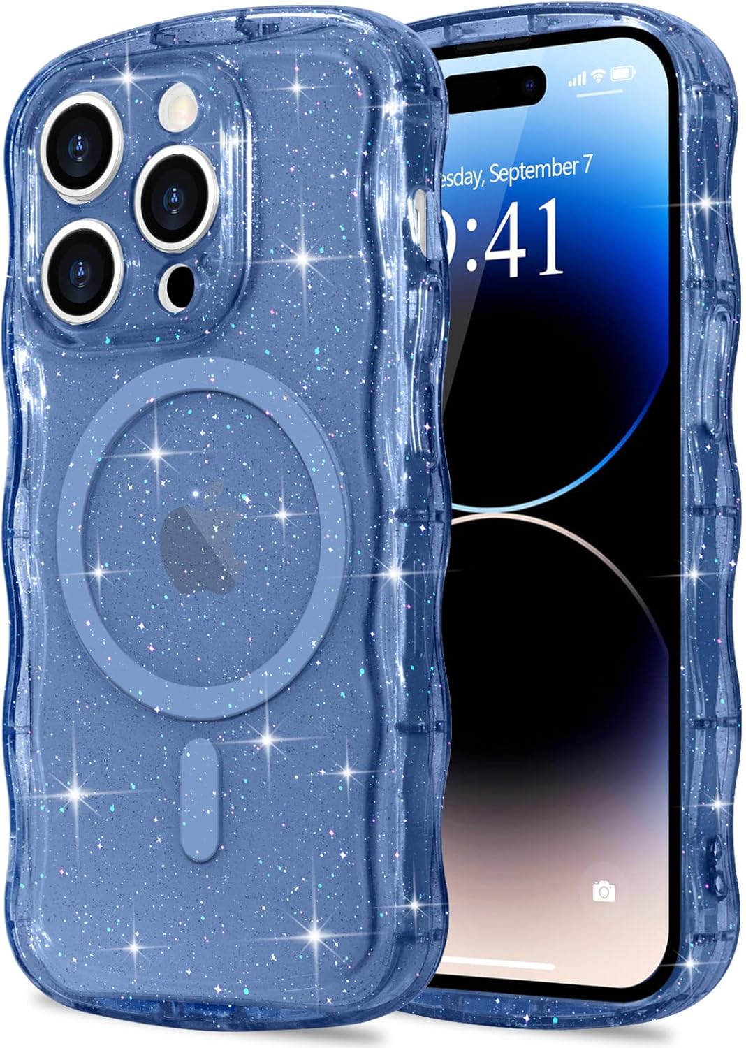 Pepmune Magnetic for iPhone 14 Pro Max Case Clear, Sparkly Bling Glitter Cute Curly Wave Bumper Cover for Women Girls Compatible with MagSafe TPU Shockproof Phone Case for iPhone 14 Pro Max, Deep Blue