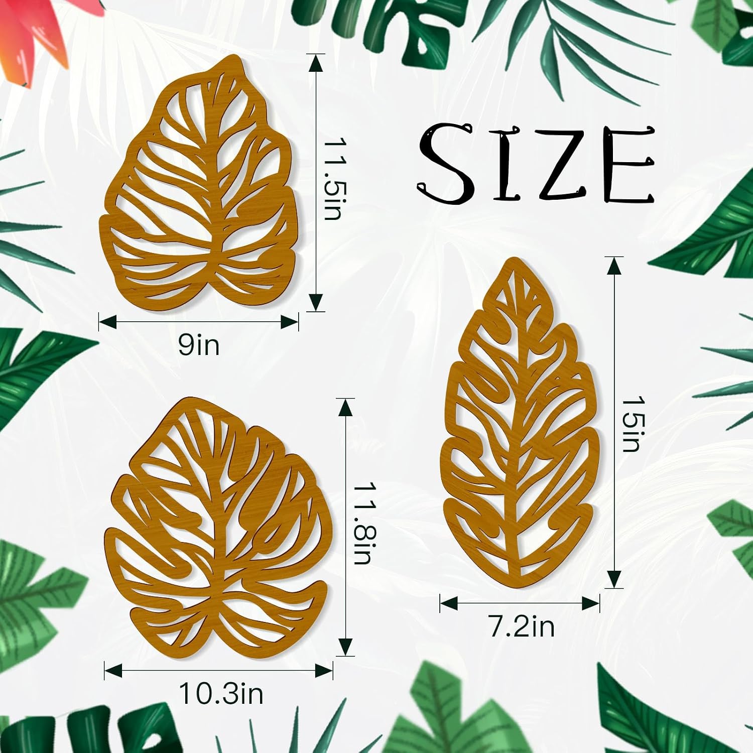 Zzbakress 3 Pcs Wooden Palm Leaves Wall Art Tropical Leaf Wall Art Natural Plant Wall Decor Vintage Wood Hollow Wall Decoration for Living Room Kitchen Bedroom Garden Office (Farmhouse, Leaves-A) (Rustic) image 3