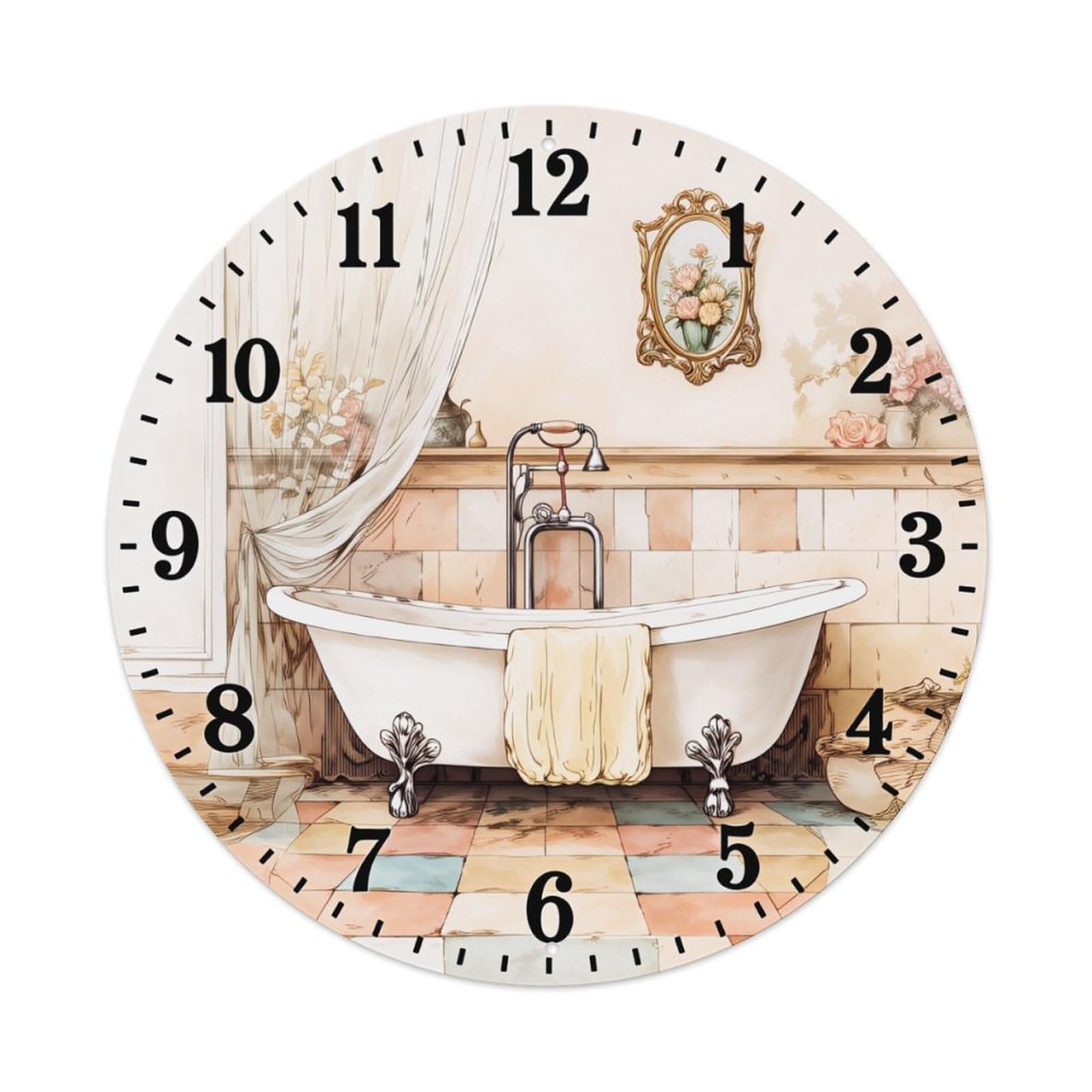 Vintage Bathroom Scene Clock Round Tin Sign Retro Metal Sign for Cafe Bar Pub Home Game Room Gym Club Wall Decoration Vintage Metal Poster 8x8 Inch