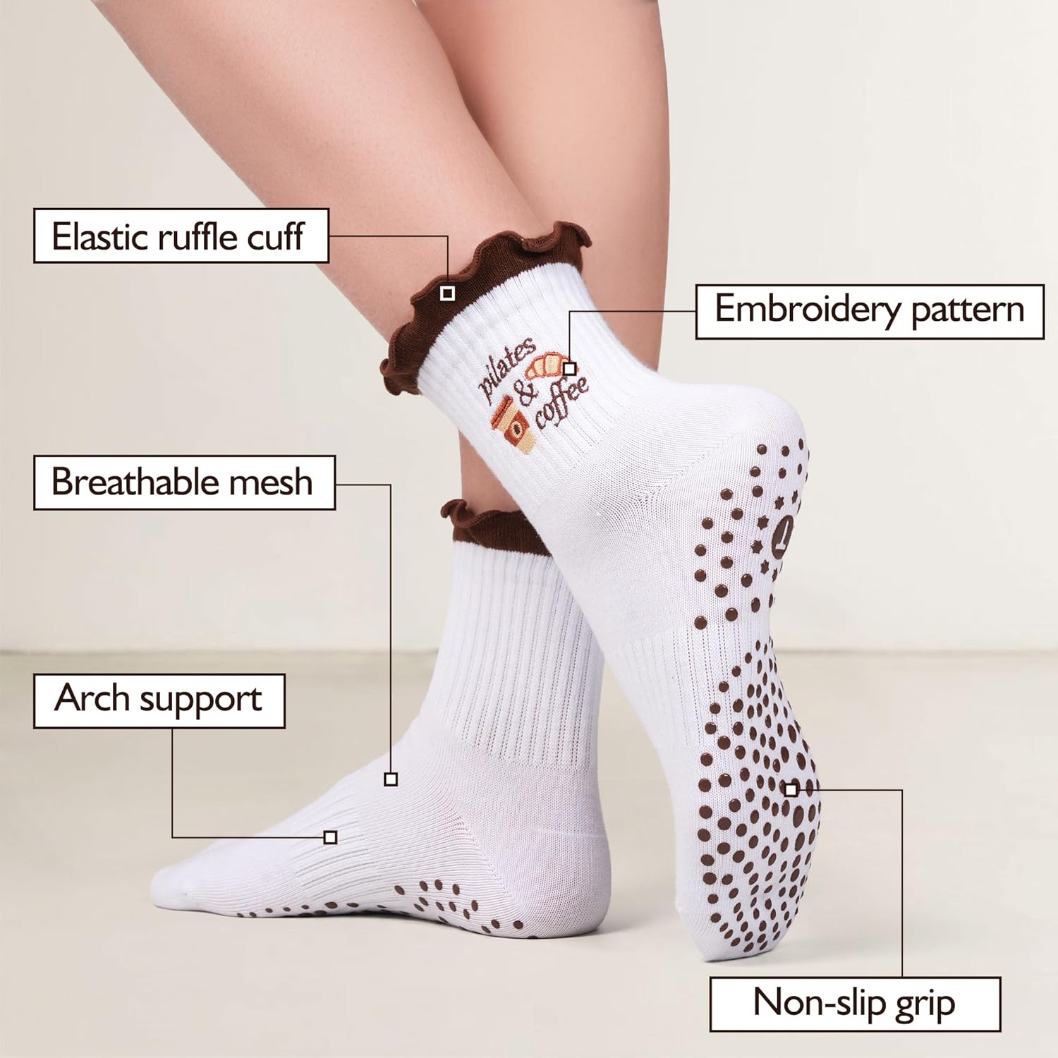 2 Pairs Women's Cute Pilates Ruffle Socks, Grippy Non-Slip Crew Socks with Embroidery for Yoga Barre Workout - Image 2
