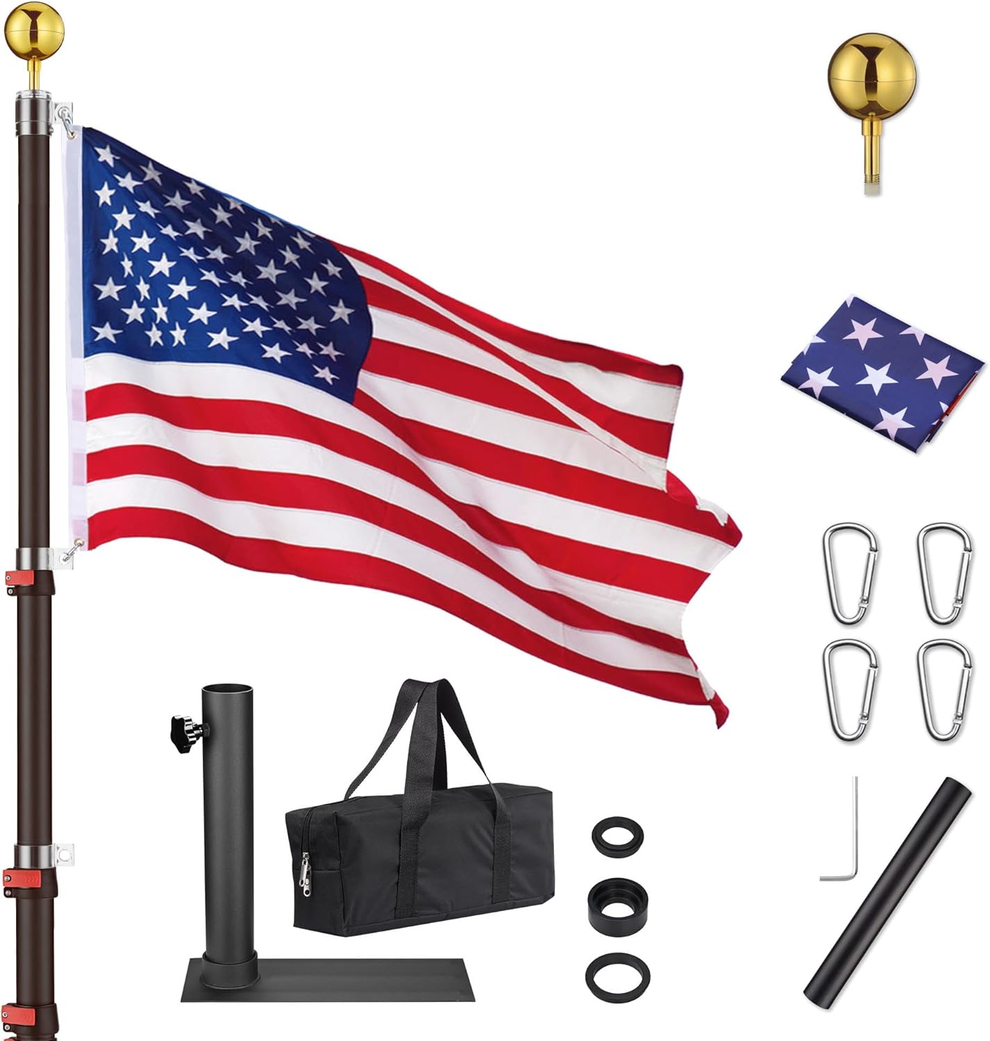 Yescom EZ GO 25ft Portable Telescopic Tailgate Flag Pole Kit with Anti-Sway Tire Mount & Carry Bag for RV Camping with US Flag Ball Top, Outdoor Telescoping Flagpoles Black