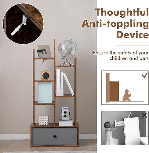 Miniatura 7 de LOKO Estantería rústica con cajón, estantería industrial de 3 estantes con dispositivo anti-caída y 7 compartimentos abiertos, estante de madera