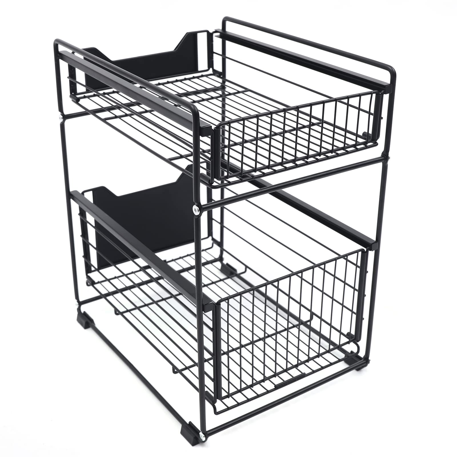OUKANING 2-poziomowy organizer do zlewozmywaka, 37,4 x 28,2 x 44 cm, regał kuchenny z wysuwanym koszem i regałem na przyprawy, metalowy regał pod umywalkę, regał pod umywalkę, regał na przyprawy do