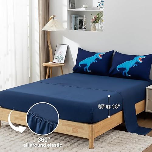 Miniatura 3 de A Nice Night - Juego de ropa de cama con estampado de dinosaurios en azul marino para niños, juego de edredón tamaño individual, ultrasuave con
