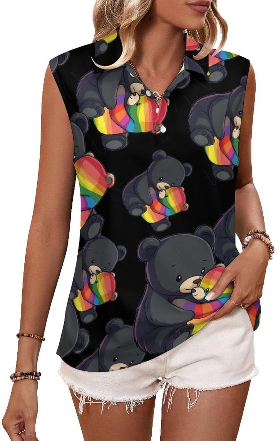 Rainbow Mama Bear Hug Love Womens Golf Shirts Print Polo Shirt Sleeveless Tank Top Casual Work Blouses
