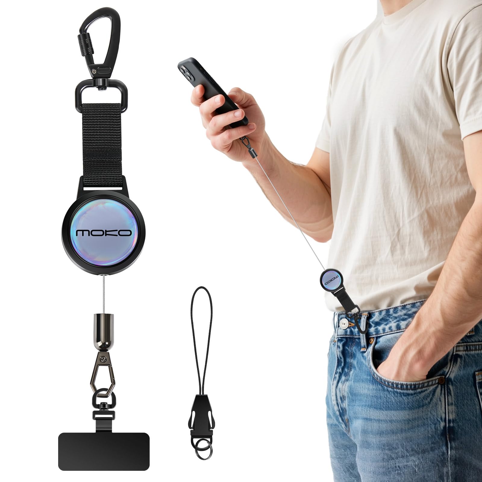 MoKo Einziehbares Handy-Sicherungsband, Einziehbarer Umhängeband mit Diebstahlschutz und Metallhaken und 360°-Metallhalterung, Handy-Umhängeband für Outdoor, Wandern, Klettern, Angeln, Schwarz&Silber