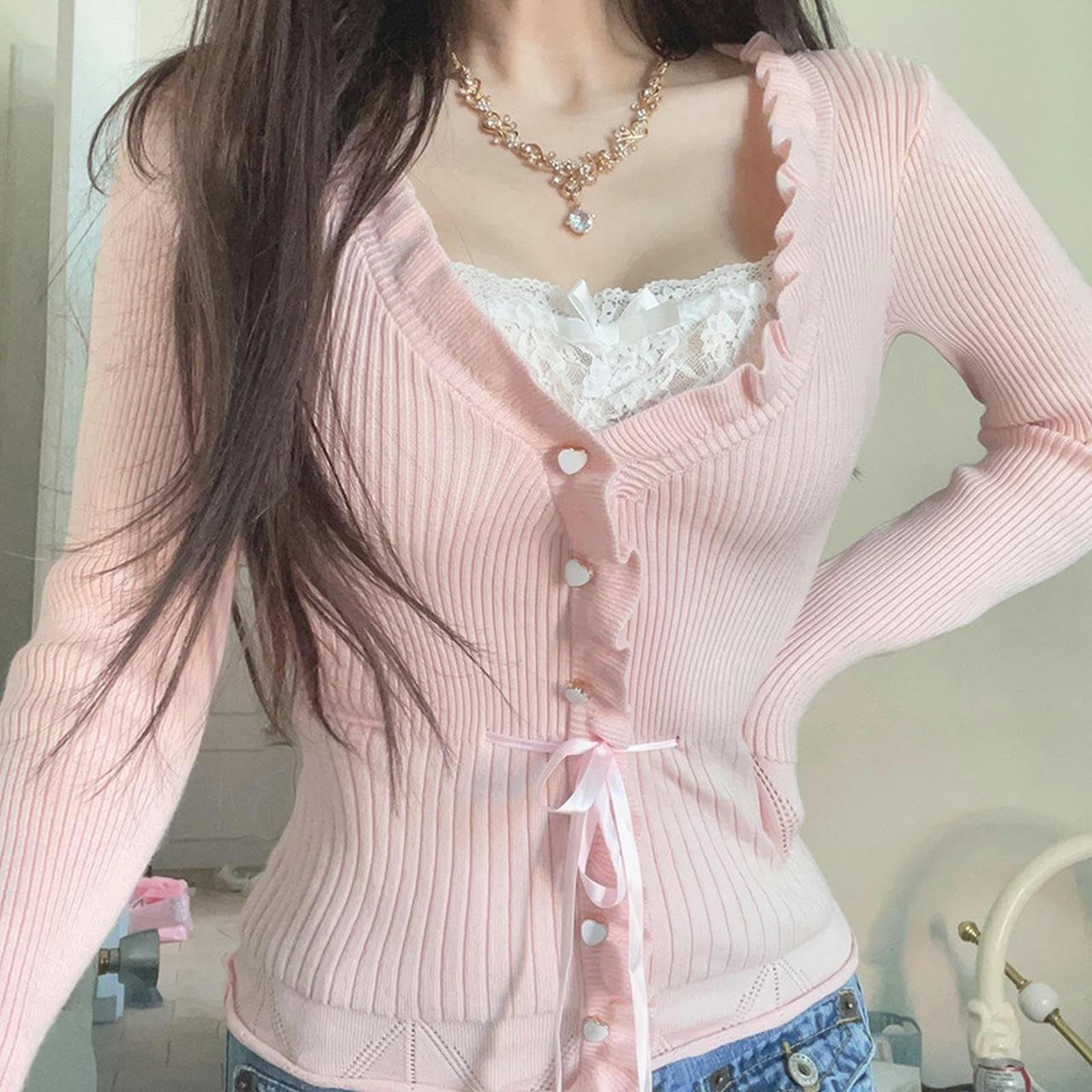 Estilo Suave y Dulce Corbata de Empalme de Encaje Pajarita Cuello Cuadrado Top Rosa niña Encaje versátil Mangas largas-07827 Rosa Claro-S