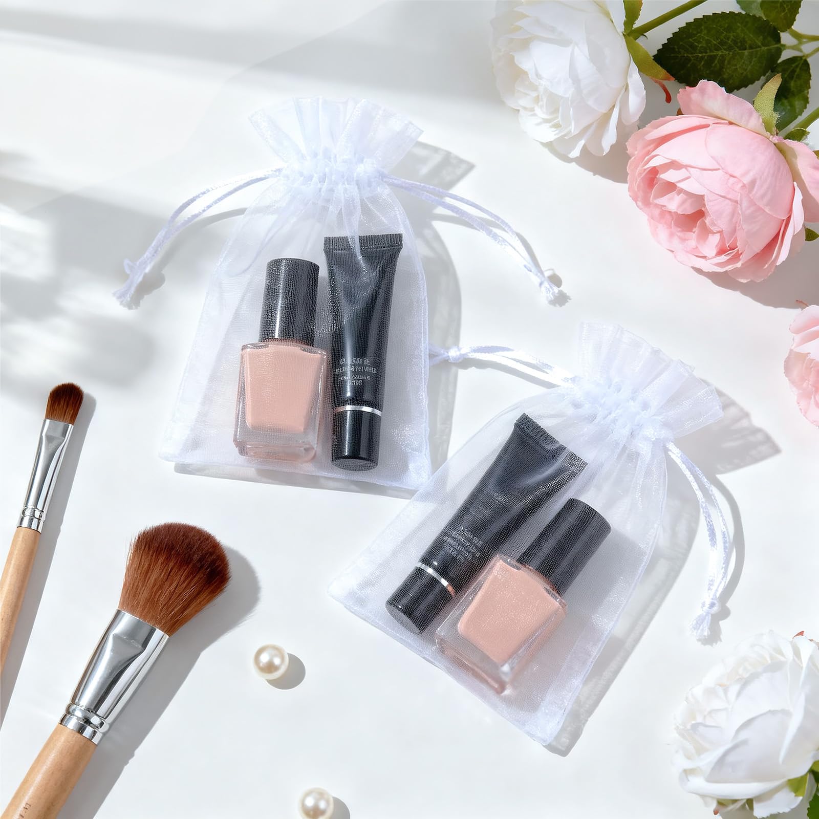 50 Stück weiße Organza-Geschenktüten, 10.2x15.2 cm, atmungsaktive Aufbewahrungstasche mit Kordelzug, durchsichtige Netzbeutel für Hochzeiten, Schmuck, Festivals, Make-up, Süßigkeiten, Desserts