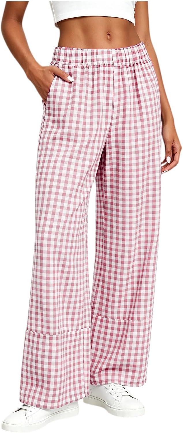 Women Gingham Wide Leg Pants Elastic Waist Loose Fit Sleep Trousers
