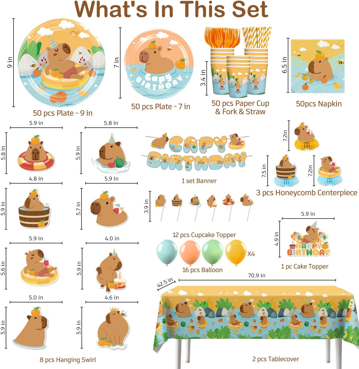 363 PCS Capybara Birthday Decorations for 50 Guests – Disposable Tableware Set with Banner, Cake Topper, Balloons, Plates and Napkins, Easy Assembly Capybara Birthday Party