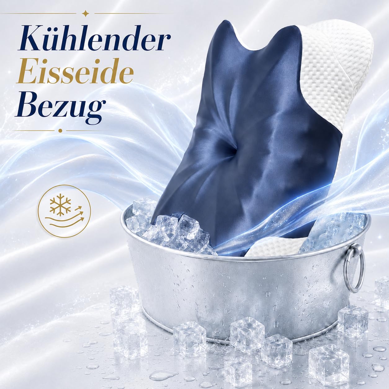 Ergonomisches Kopfkissen - Zwei Höhen Seitenschläferkissen mit Kühlender Eisseide-Bezug, OEKO-TEX® Zertifiziert Memory Foam Nackenkissen für Seiten, Rücken & Bauchschläfer, Mitternachtsblau-Weiß