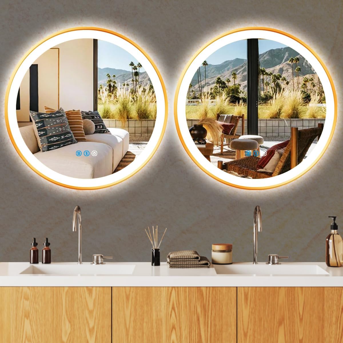 THEKLA 36 inch Gold Bathroom LED Round Mirror with Lights 3 Color Dimmable Anti-Fog Gold Frame Round Lighted Vantiy Mirror for Bathroom Wall Mounted Makeup 36" Large Circle Smart Light up Mirrors