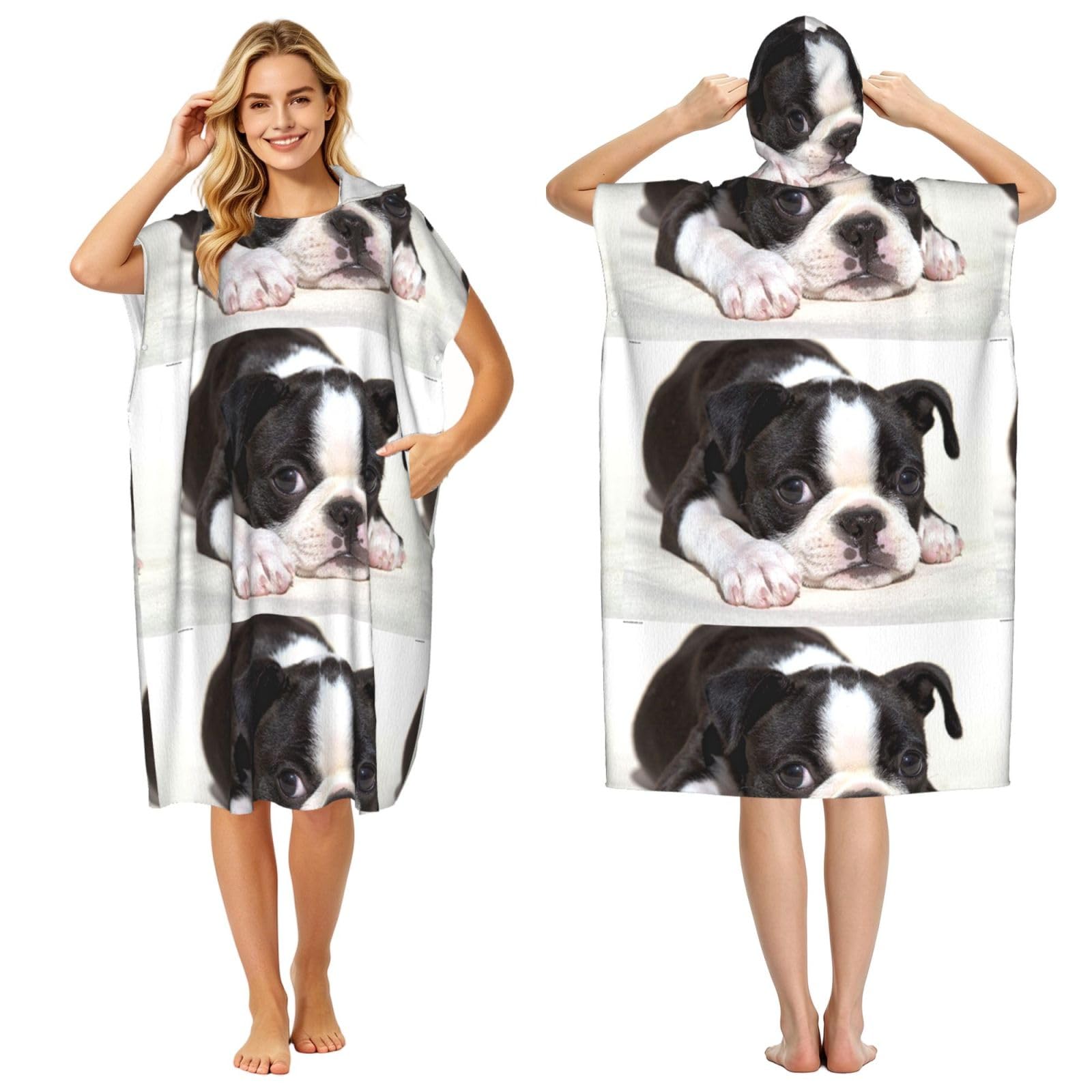 Poadnly Boston Terrier Dog, Adult Hooded Beach Towel 90 x 110 cm,Changing Bath Robe, Surf Poncho Towel For Women Men