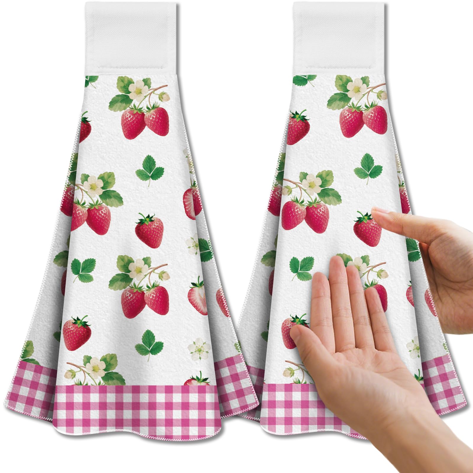 CUTHOLLOW Strawberries Tea Towels for Kitchen with Loop, Set of 2 - Soft & Super Absorbent Microfiber Decorative Hanging Dish & Hand Towel, Tea, Coffee Towel for Kitchen Bathroom Oven Handle
