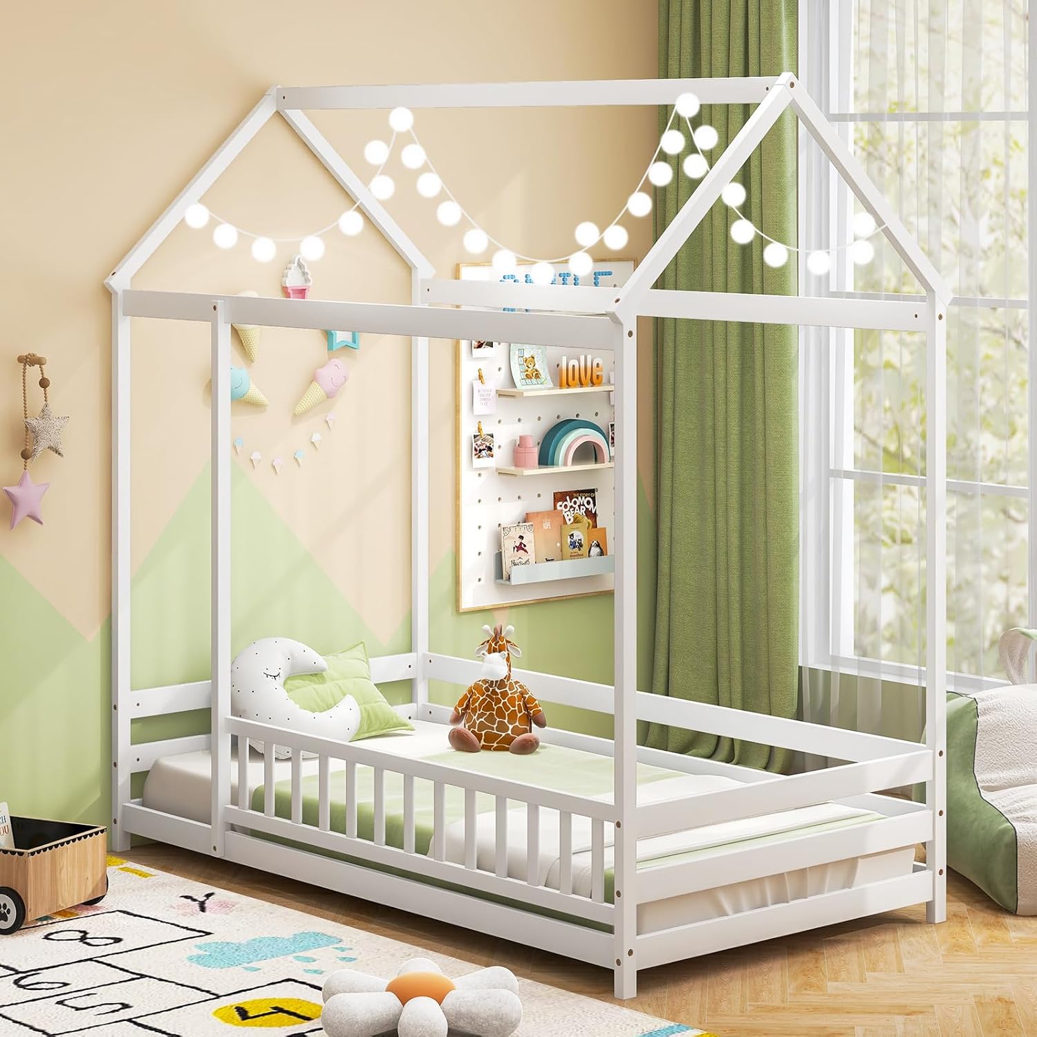 Giantex Twin Floor Bed with Fence, Wood Montessori Bed with Safety Guardrails and 80.5" High Roof Design, Without Slats, House Bed Frame, Low Floor Bed Twin for Kids, Girls, Boys (White)
