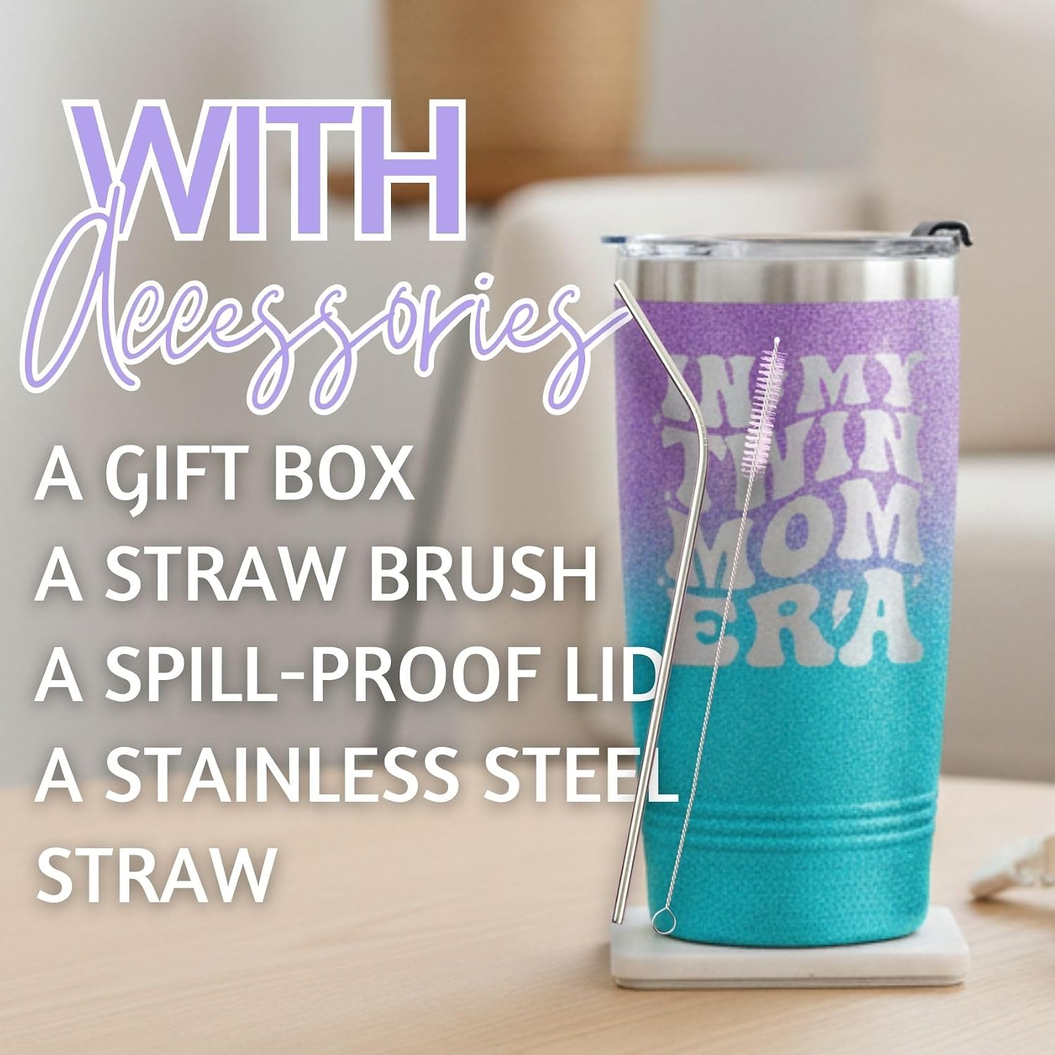 Onebttl Twin Mom Stainless Steel Tumbler 20oz - Birthday Gift for Mother of Twins - In My Twin Mom Era - Glitter Blue & Purple