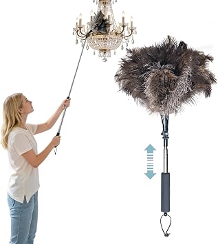 Feather Duster Extendable 2247 Inch, Natural Ostrich Feather Duster with Long Handle for High Ceilings, Ceiling Fans, Walls,FurnitureBrown