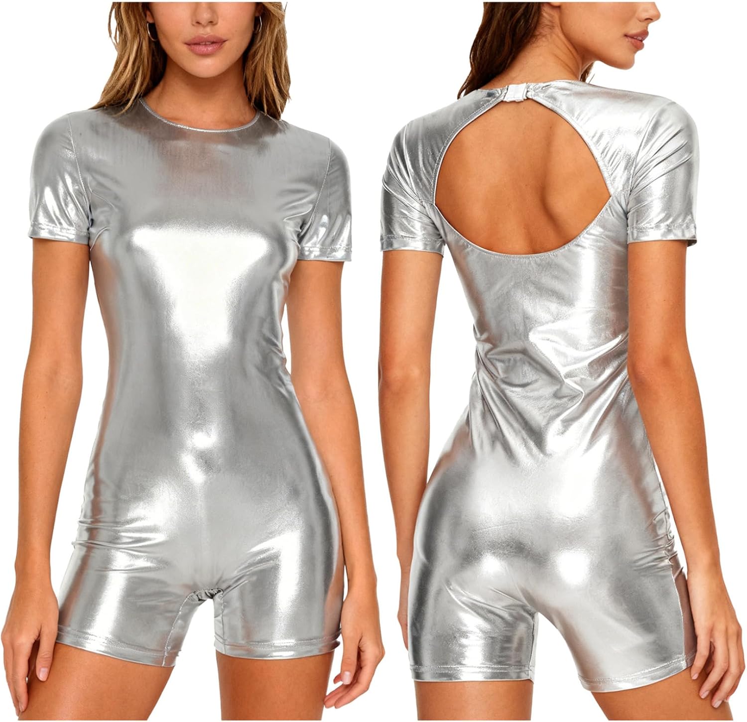ACSUSS Womens Metallic Shiny Bodysuit Crew Neck Short Sleeve Boy-shorts Leotard Jumpsuit Clubwear