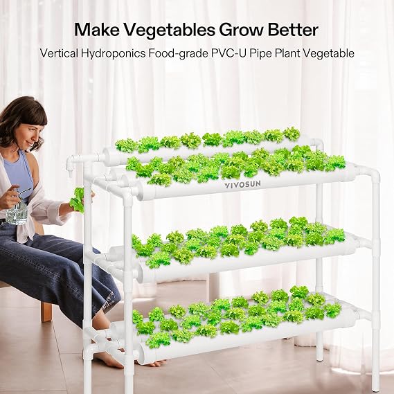 Vivosun 水耕栽培システム 90植物サイト、3層10食品グレードpvc-uパイプ 水耕栽培システム栽培キット ウォーターポンプ、ポンプタイマー、巣バスケット、葉物野菜用スポンジ付き