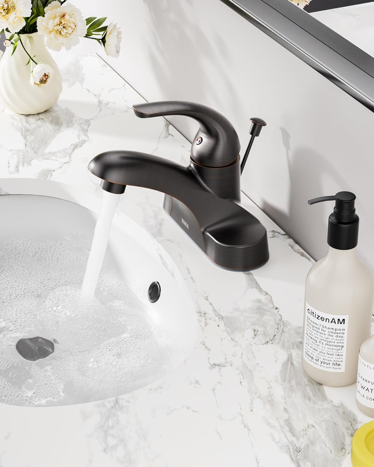 WOWOW Single Handle Commercial Bathroom Faucet Oiled Rubbed Bronze 4 inch Centerset Bathroom Basin Sink Faucets One Handle Vanity Faucets Basin Mixer Tap with Lift Rod Drain Assembly