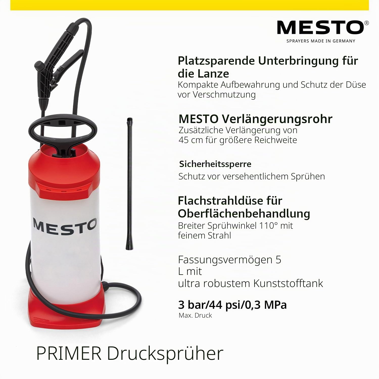 MESTO Primer Drucksprühgerät 5L Set inkl. MESTO Verlängerungsrohr 45cm | Pumpsprühflasche 3 Bar | Sprühflasche BAU & Handwerk | Drucksprühgerät für BAU Chemikalien & Grundierungen | Flachstrahldüse