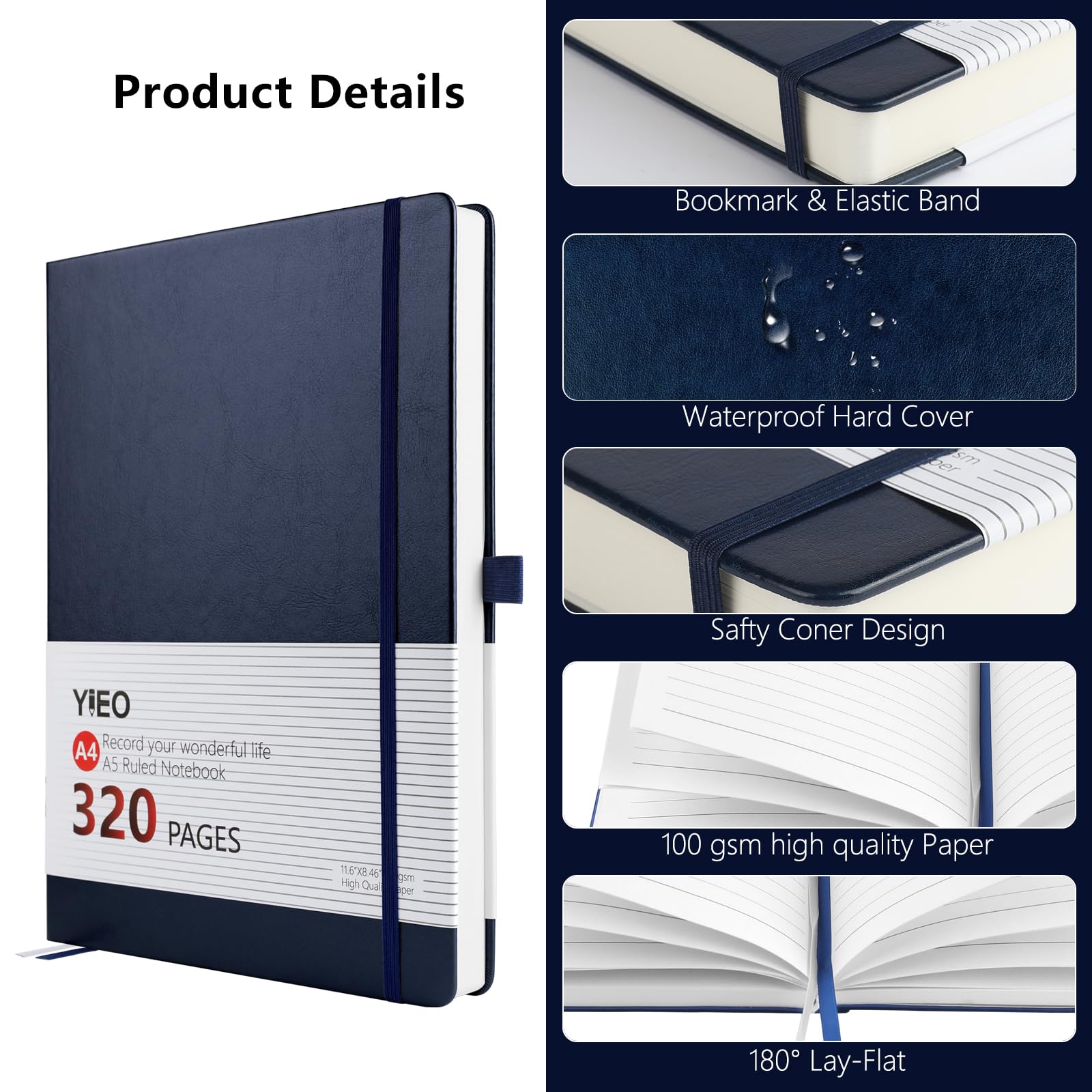 Notebook A4, Thick A4 Notebook Hardback Journal Notebook 320 Pages 100GSM A4 Lined Note Book - Image 3