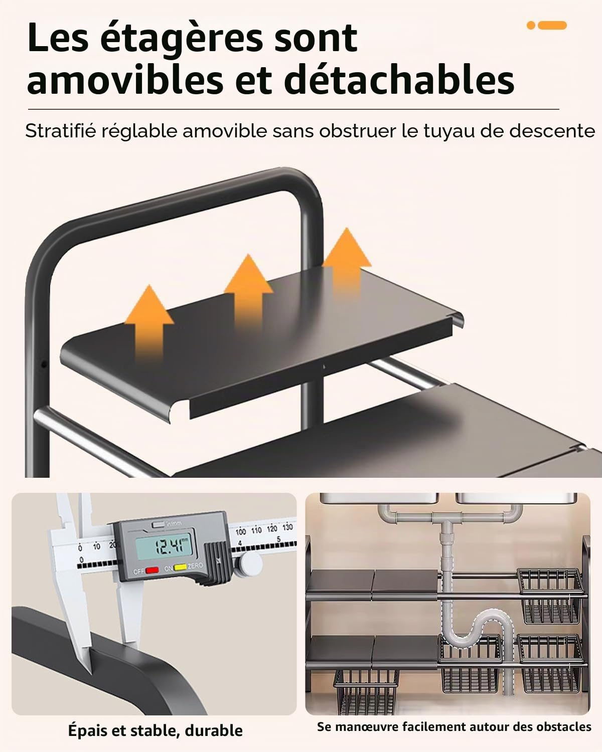 Rangement et Organisation de Cuisine – Dimensions Ajustables 49 x 25 x (52,5~88) cm, Étagère Extensible sous Évier en Acier Inoxydable (8 Panneaux)